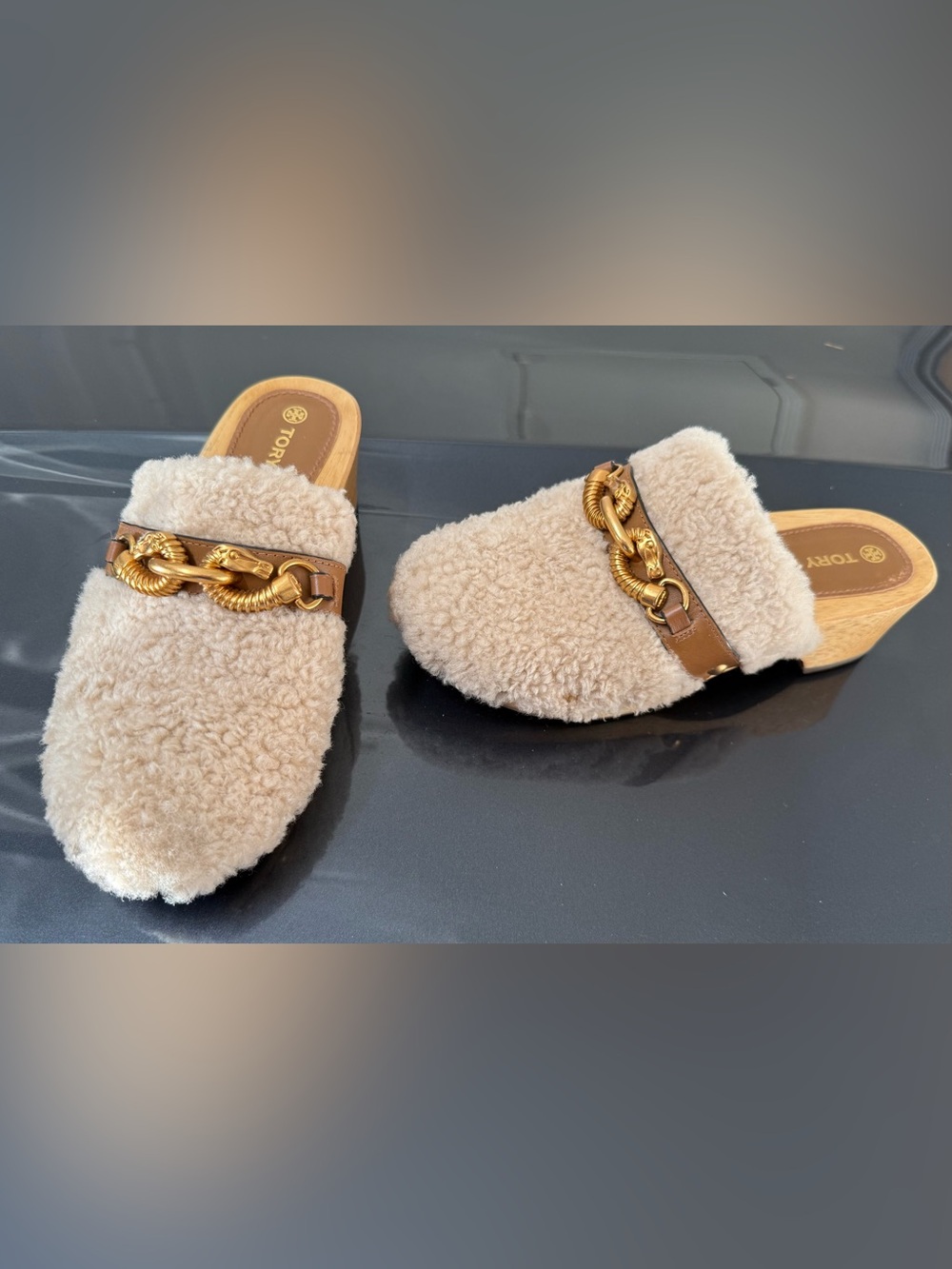 Tory Burch Shearling/Veg Leather Clog with Gold Hardware. Shoe box included. - Picture 4 of 5